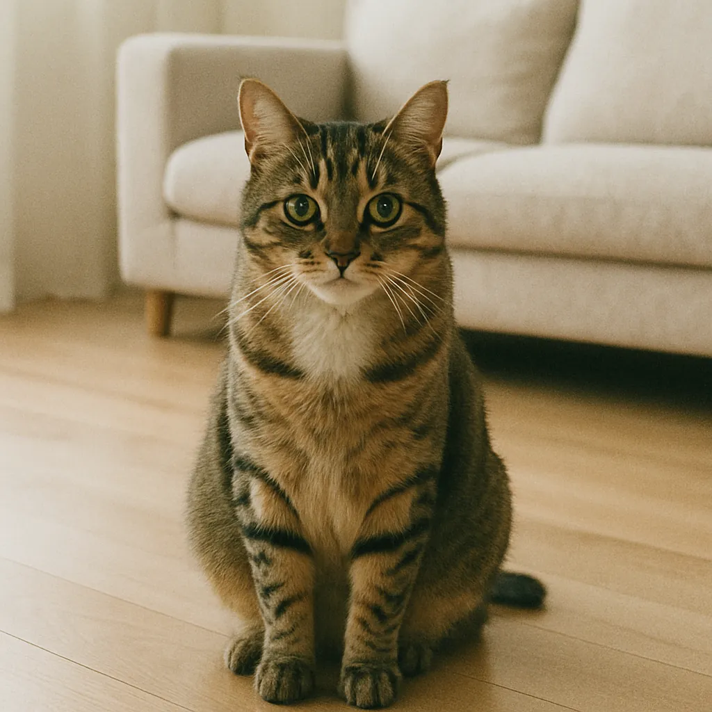 A photo of a tabby cat sitting on a wooden floor